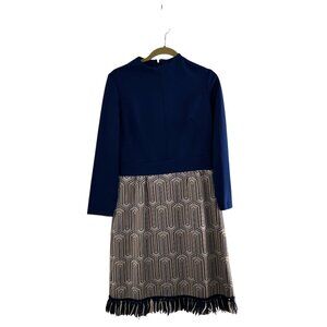 Navy Blue & Beige Geometric Pattern Dress Fringe Hem Western Cowgirl Boho Gypsy